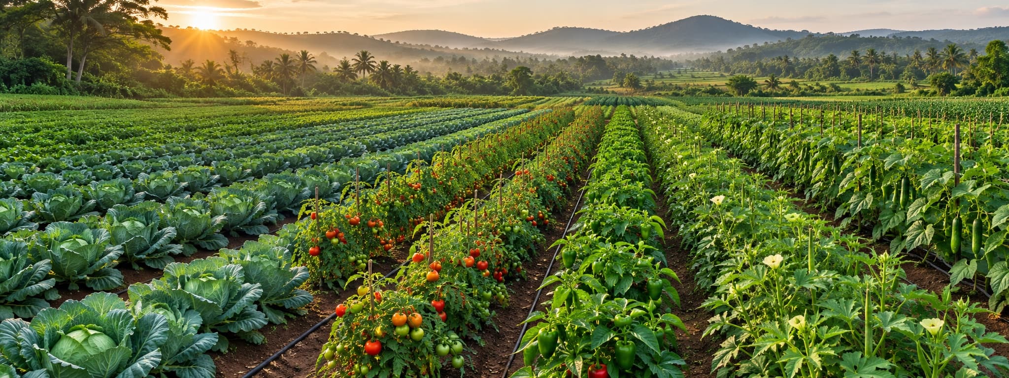 A large Perpaux vegetable farm with rows of cabbage, tomatoes, peppers, okro and cucumber